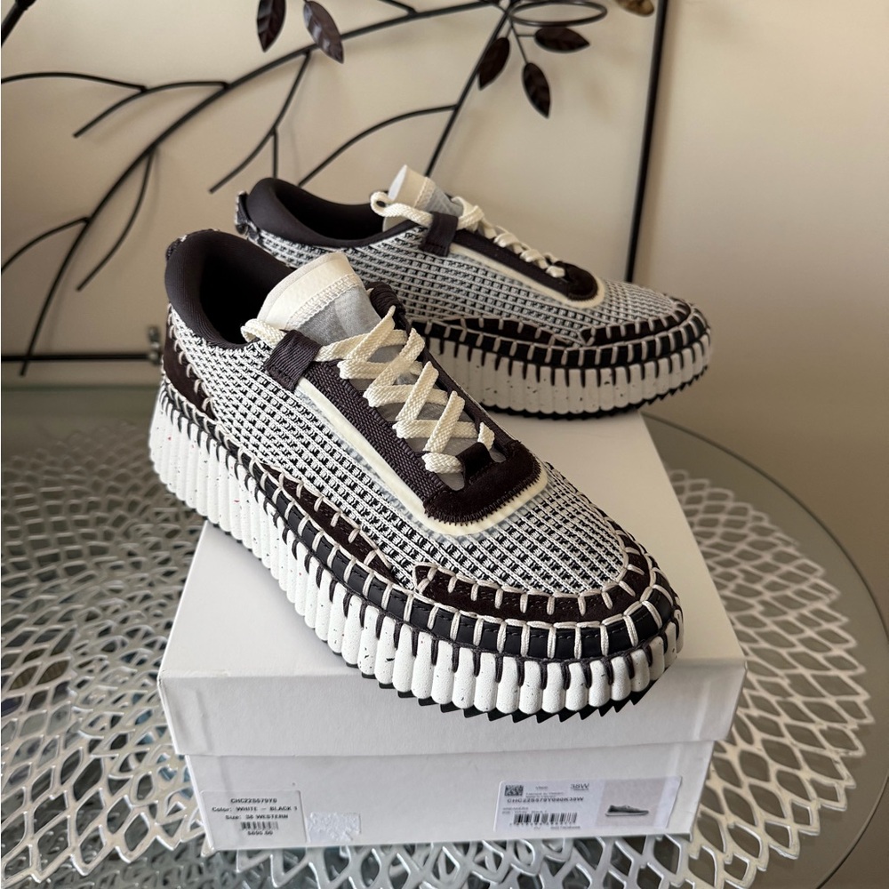 Chloe Nama Woven Stitch-Trim Platform Sneaker Size 38 White Black & Brown NIB - Picture 7 of 17